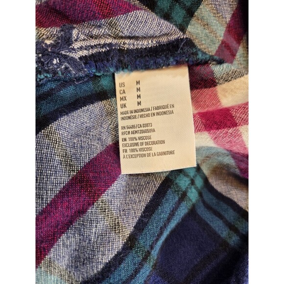 American Eagle Boyfriend Shirt Medium Blue Purple Plaid Viscose Button Down Top - Picture 6 of 6